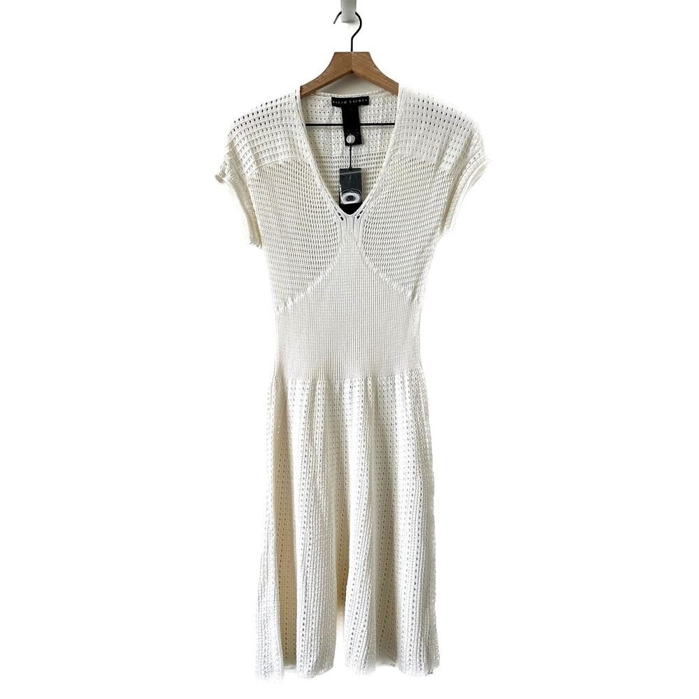 NWT Ralph Lauren Black Label Ivory Pointelle Knit Crochet Dress Size L